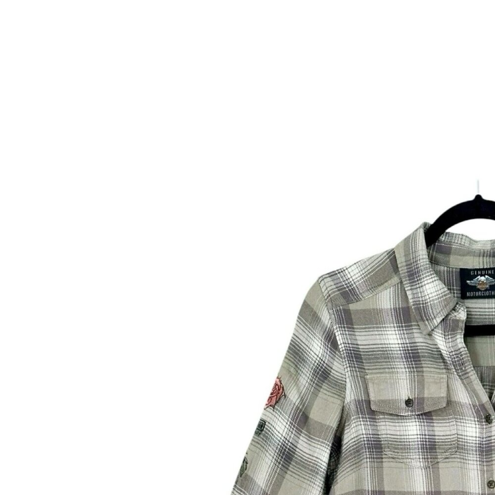 Harley-Davidson Americana Khaki Plaid Rose Embroidered Shirt - Picture 2 of 6